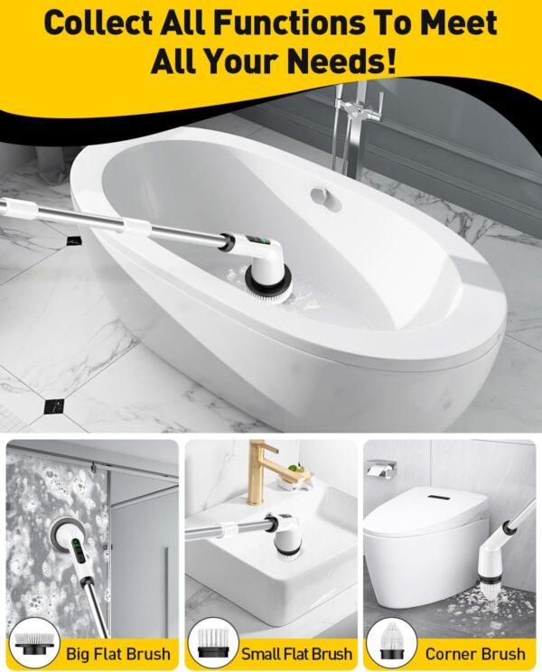 Electric Spin Scrubber for Cleaning Bathroom, Shower Scrubber Cordless Cleaning Brush with IPX7 Waterproof & 2 Speed, 3 Brush Heads, Bathroom Cleaning Supplies for Shower Tub Kitchen Tile Toilet White - Image 5