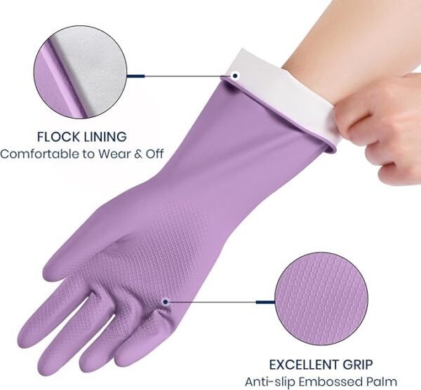 Rubber Cleaning Gloves for Dishwashing, 4 Pairs Reusable Kitchen Gloves for Washing Dishes and Household Cleaning, Colorful Dish Gloves with Flocked Lining and Non-Slip Grip, Pefect for Woman Men - L - Image 2