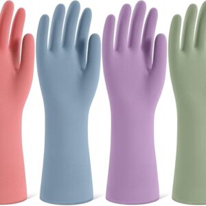 Rubber Cleaning Gloves for Dishwashing, 4 Pairs Reusable Kitchen Gloves for Washing Dishes and Household Cleaning, Colorful Dish Gloves with Flocked Lining and Non-Slip Grip, Pefect for Woman Men - L
