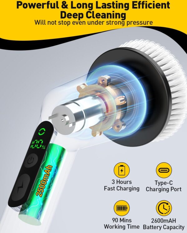 Electric Spin Scrubber for Cleaning Bathroom, Shower Scrubber Cordless Cleaning Brush with IPX7 Waterproof & 2 Speed, 3 Brush Heads, Bathroom Cleaning Supplies for Shower Tub Kitchen Tile Toilet White - Image 3